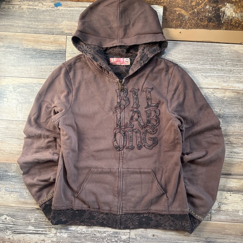 Vintage y2k brown women's reversible Billabong hoodie with glower patterns